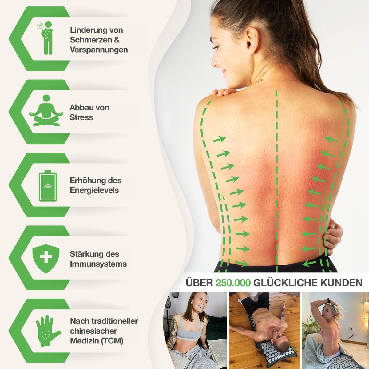Donna con schiena rossa. Testo: Sollievo dal dolore, riduzione dello stress, aumento del livello di energia, rafforzamento del sistema immunitario.