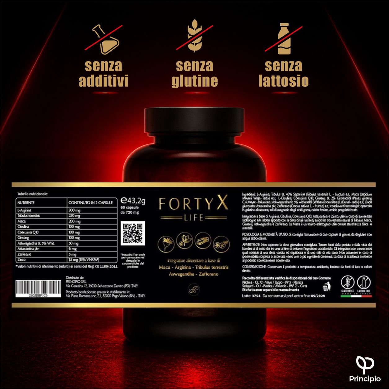 Retro del flacone FORTYX LIFE. Testo: Senza additivi, senza glutine, senza lattosio. Ingredienti e informazioni nutrizionali.
