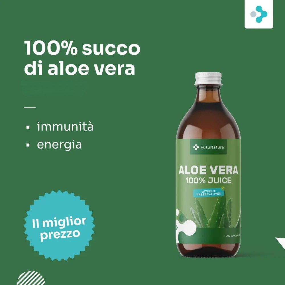 Immagine del prodotto su sfondo verde. Bottiglia di succo di aloe vera. Testo: Immunità, Energia. Il miglior prezzo.