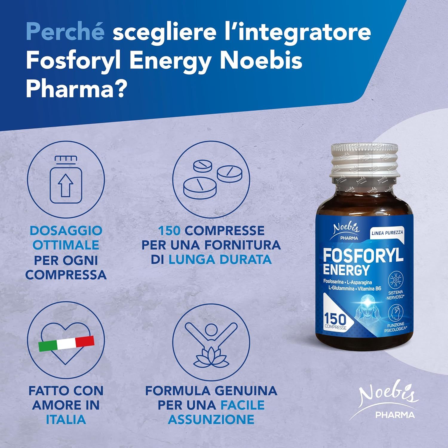 Flacone Fosforyl Energy, 150 compresse, con icone per dosaggio, lunga durata, Made in Italy, facile assunzione.