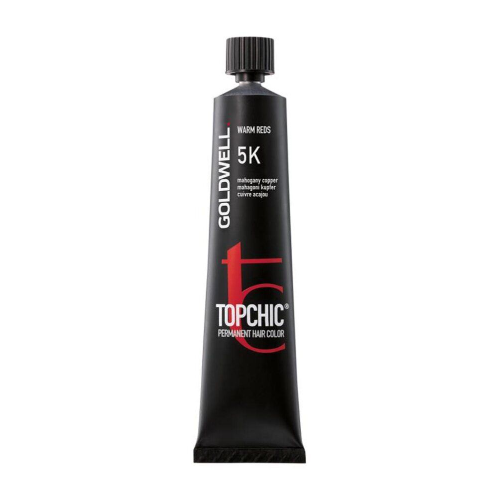 Colorazione per capelli Goldwell Topchic, tubo. 5K Mogano Rame. Tubo nero, testo rosso. Warm Reds.