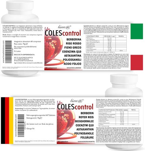 Flacone da 60 compresse COLEScontrol, contiene berberina, riso rosso, fieno greco, coenzima Q10, astaxantina, policosanoli, acido folico.
