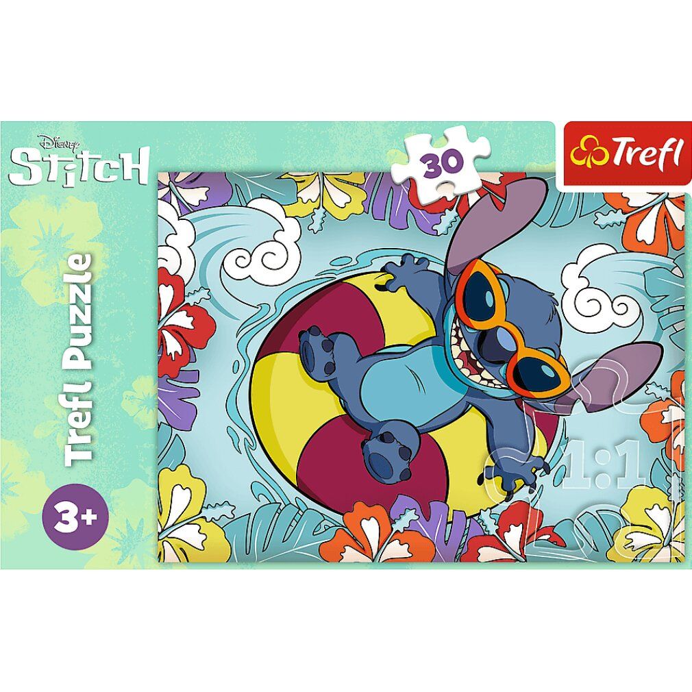 Puzzle con Stitch in acqua. Stitch con occhiali da sole in un salvagente. 30 pezzi, logo Trefl, Disney Stitch.