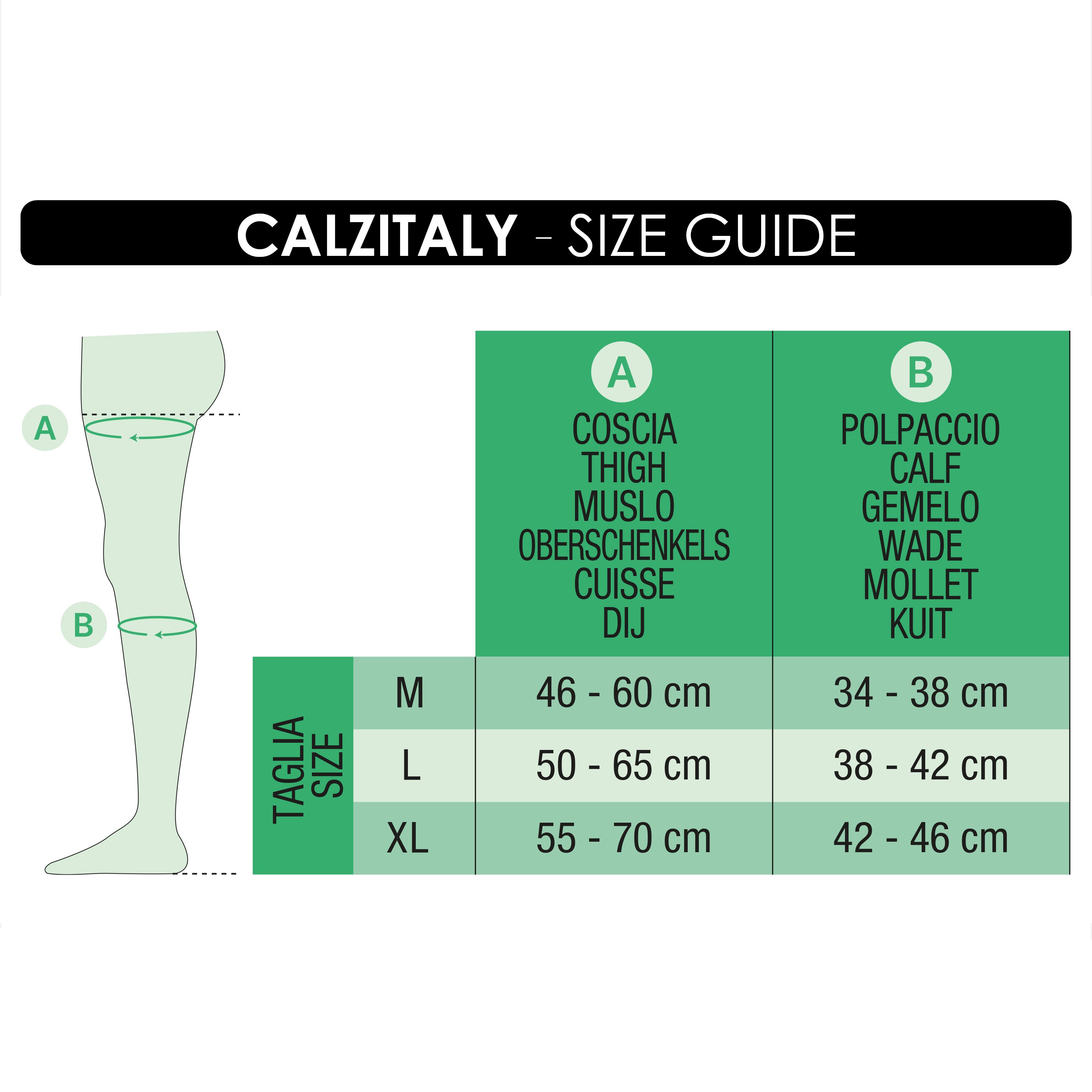 Tabella taglie CALZITALY. Misure coscia e polpaccio in cm.