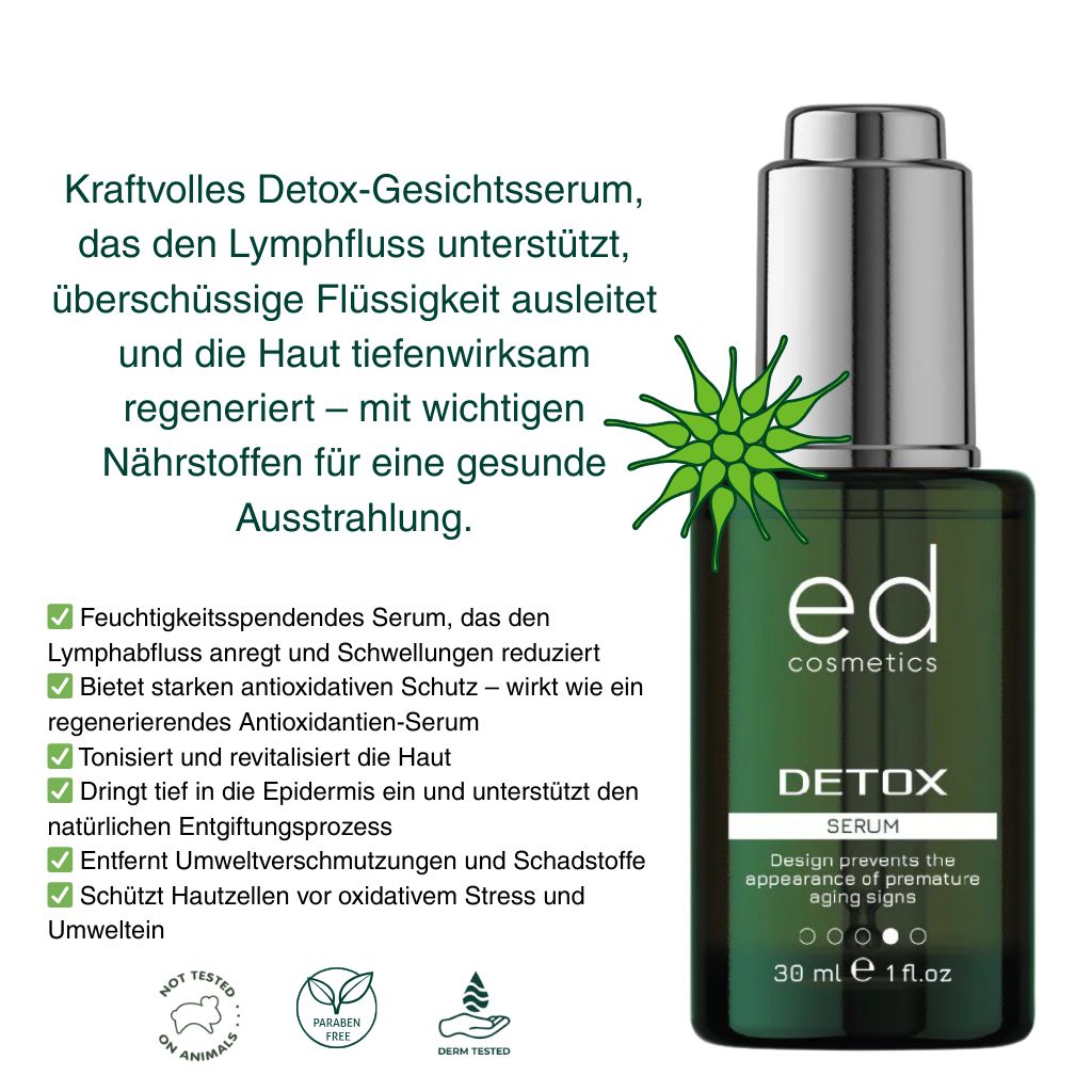 Flacone di vetro verde con tappo argentato. Scritta: ed cosmetics, Detox Serum. Testo e illustrazione verde.