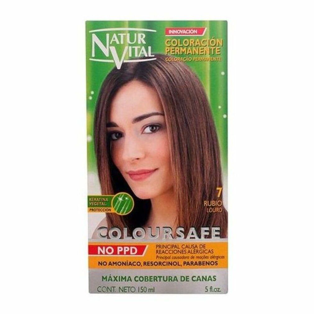 Confezione di tintura per capelli Natur Vital Coloursafe Permanente 7 Biondo. Donna con capelli castani. Testo: No PPD, massima copertura dei capelli grigi.