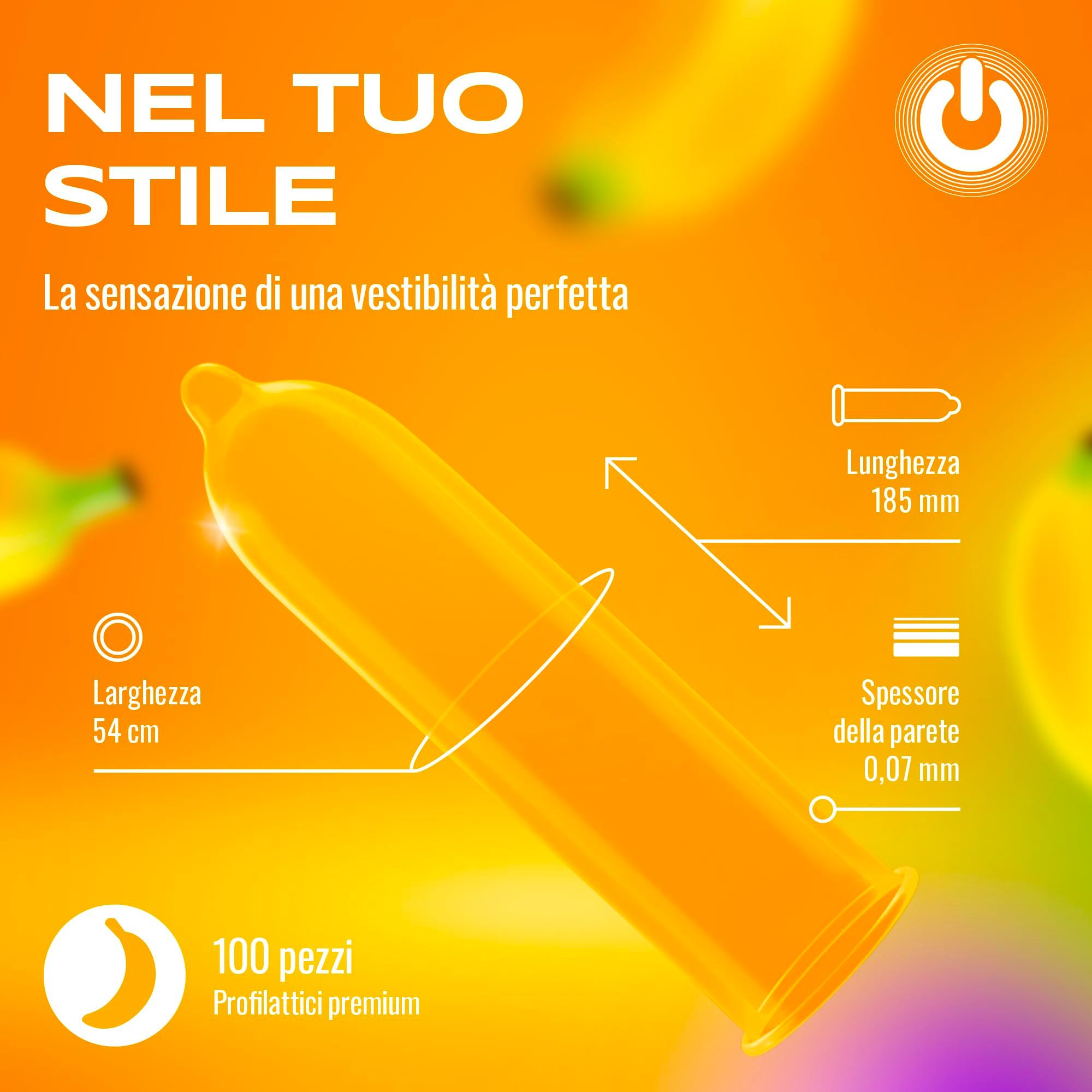 Preservativo giallo, lunghezza 185 mm, larghezza 54 mm, spessore parete 0,07 mm.