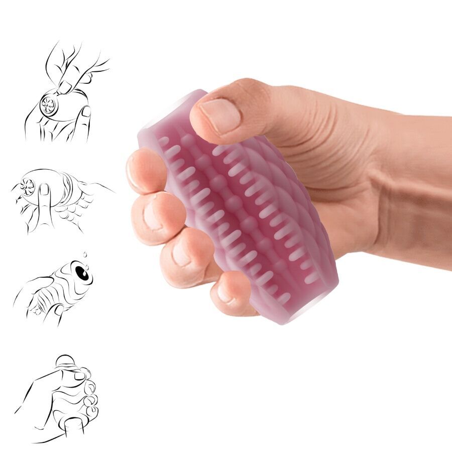 Masturbatore in silicone rosa con motivo a rombi, viste frontale e posteriore.