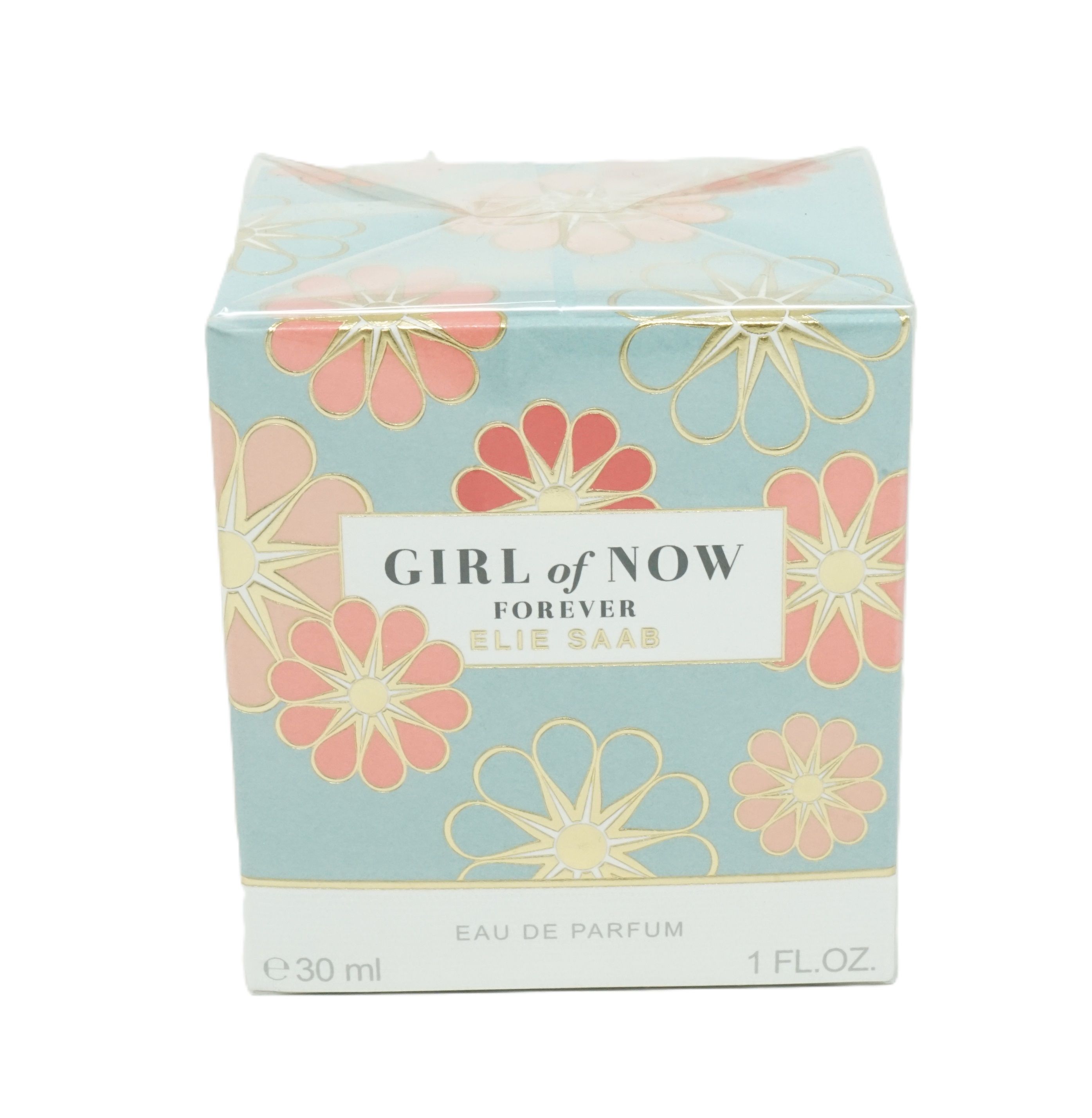 Scatola con motivi floreali e scritta: GIRL of NOW forever ELIE SAAB. 30 ml, 1 FL. OZ.