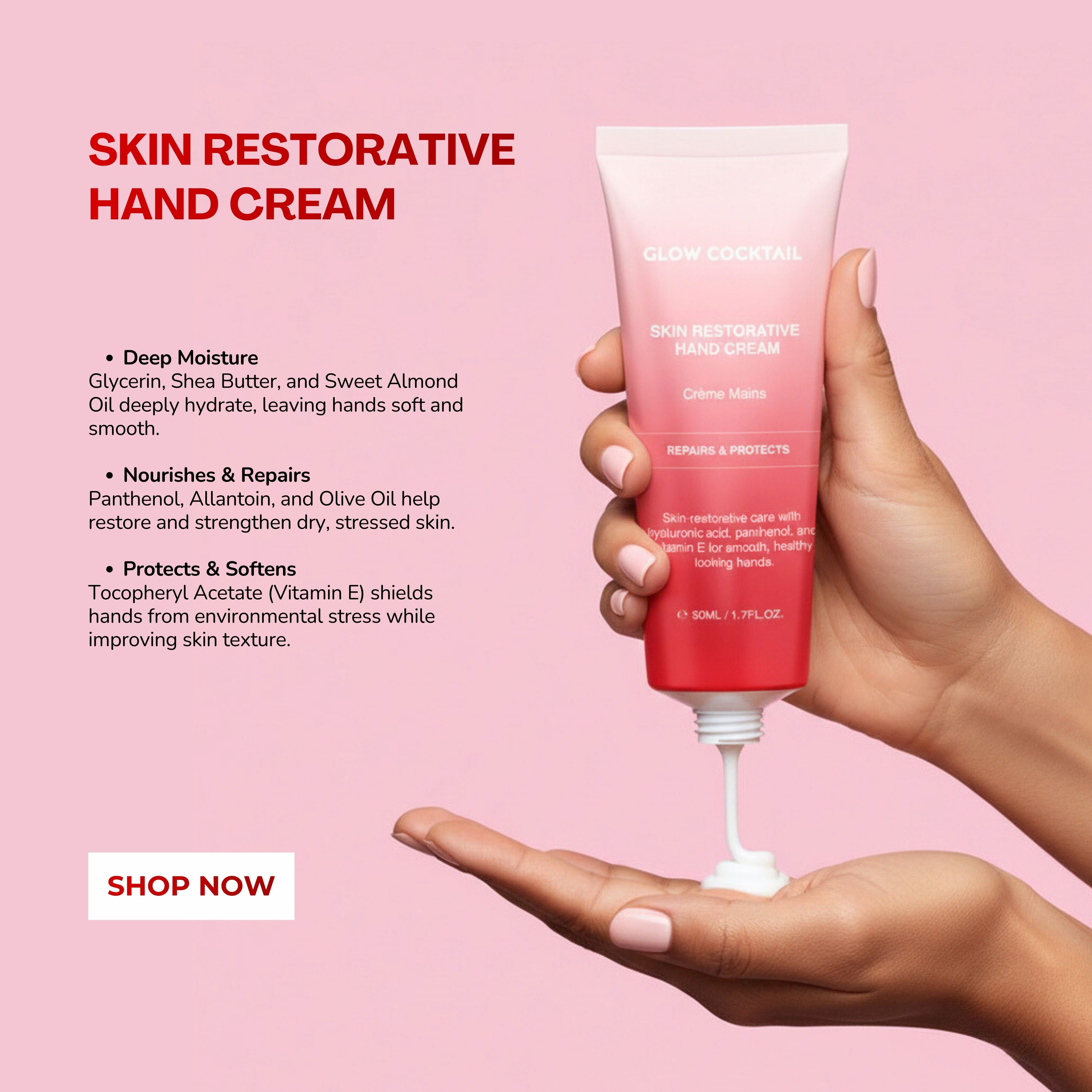 Tubo di crema per le mani tenuto in mano. Crema erogata sul palmo. Testo: Glow Cocktail, Skin Restorative Hand Cream, Crème Mains.