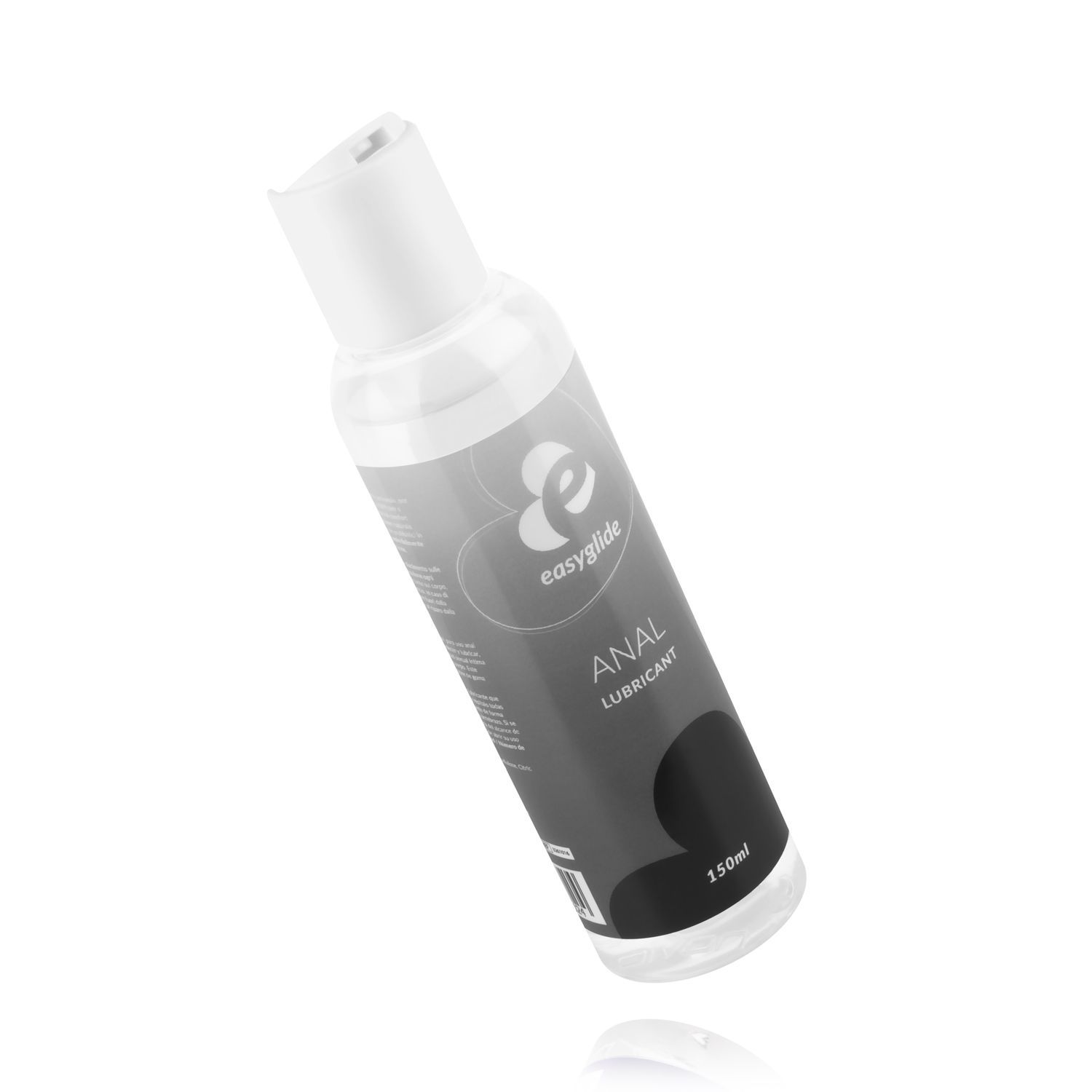 Flacone trasparente inclinato con tappo bianco. Etichetta: Easyglide, Anal Lubricant, 150ml.