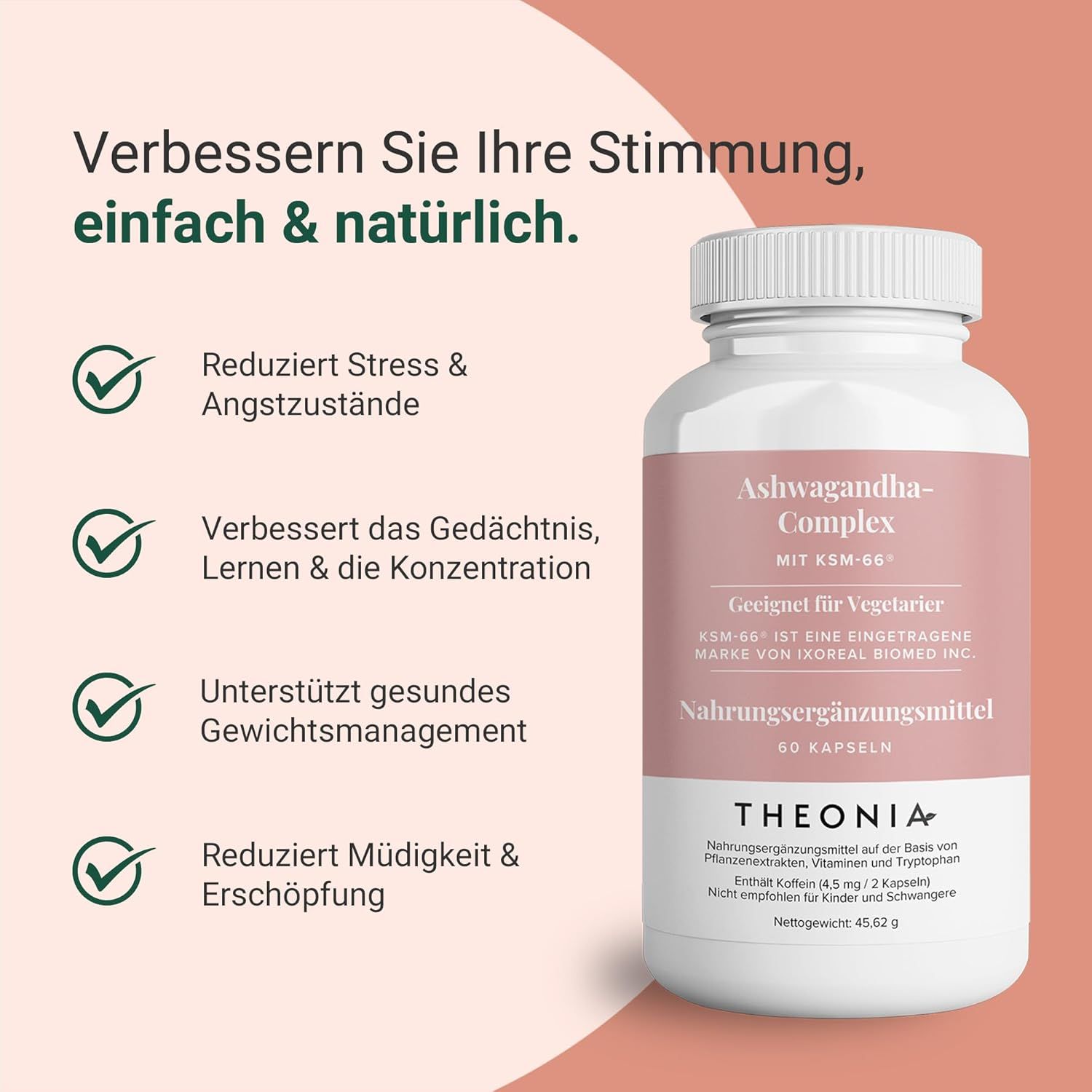 Flacone bianco con etichetta rosa. Scritta: Ashwagandha-Complex, 60 capsule, Theonia. Integratore alimentare. Testo: Riduce lo stress.