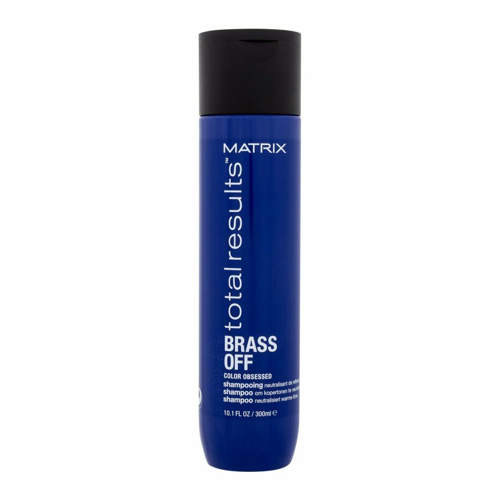 Flacone di shampoo blu con tappo nero. Scritta: MATRIX total results BRASS OFF. 300ml.