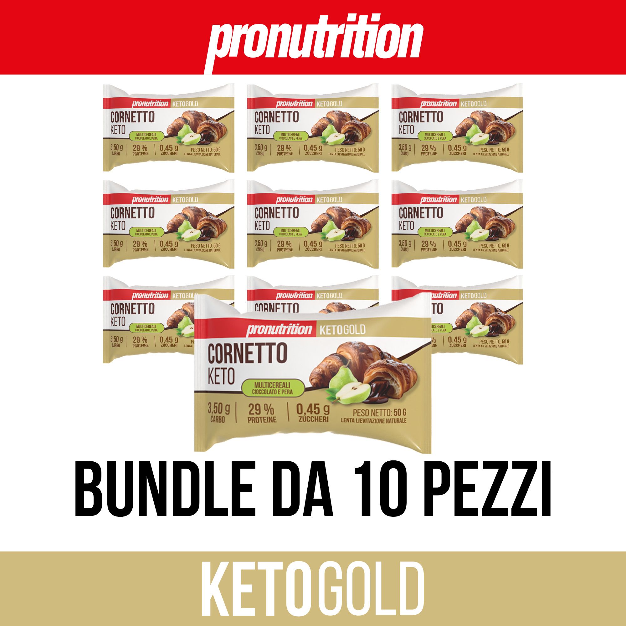 Confezione da 10 Cornetto Keto. Scritta: Bundle da 10 pezzi. Marchio: Pronutrition.