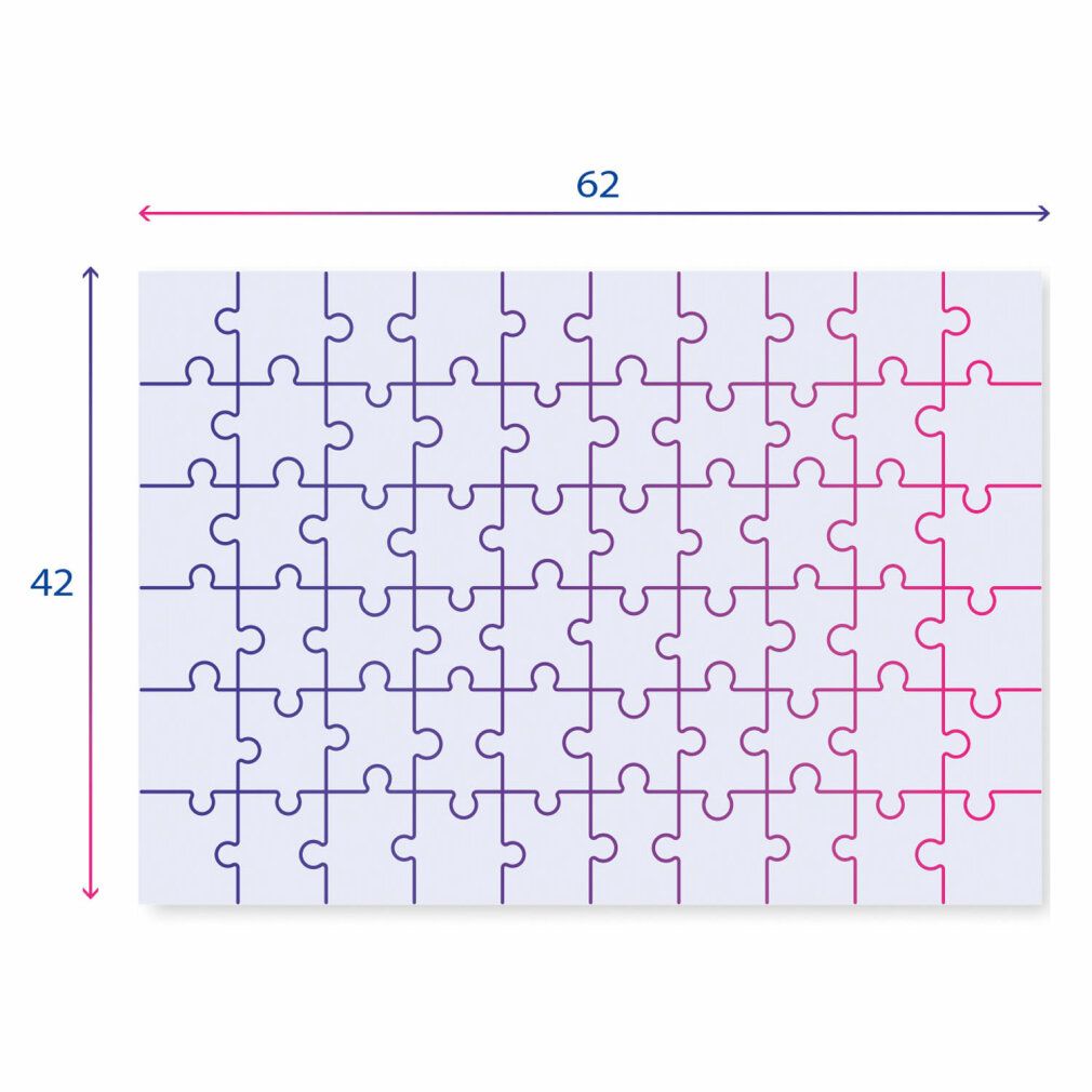 Puzzle assemblato, rettangolare, 62x42cm. Molti pezzi, blu e rosa. Frecce indicano le dimensioni.