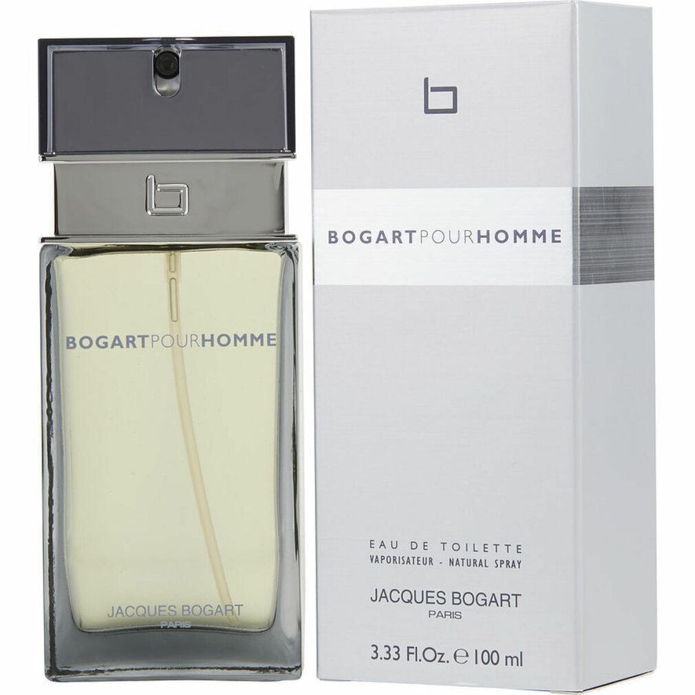 Flacone e confezione. Scritte: BOGARTPOURHOMME, JACQUES BOGART. Confezione bianca con striscia argentata e logo.