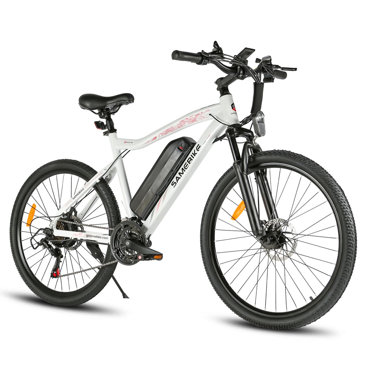 E-bike SAMEBIKE SY26-II bianca. Pneumatici, sella e dettagli neri. Shimano 21 velocità. Batteria sul telaio.