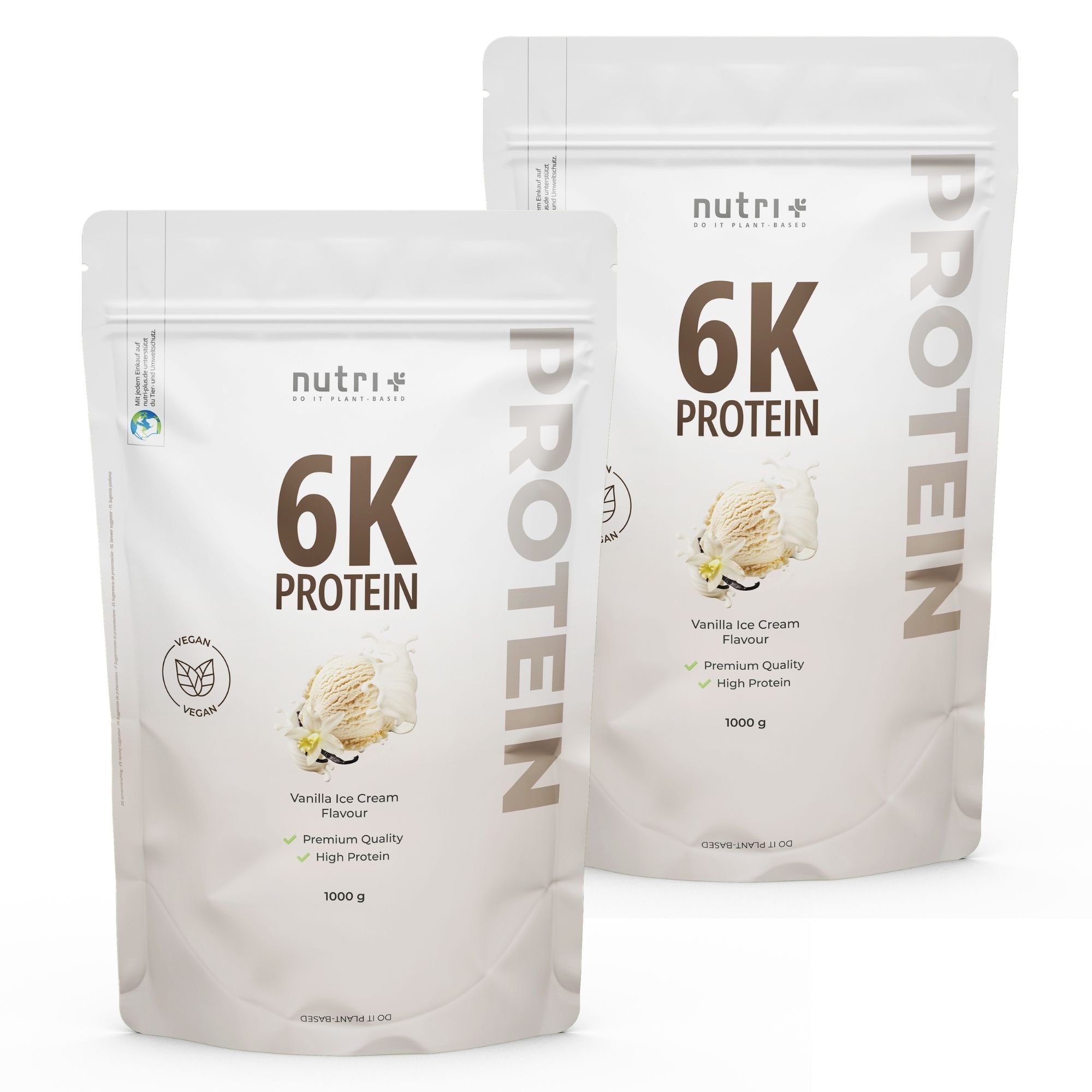 Due confezioni di proteine nutri+ 6K gusto vaniglia una accanto all'altra, con evidenziazione delle caratteristiche.