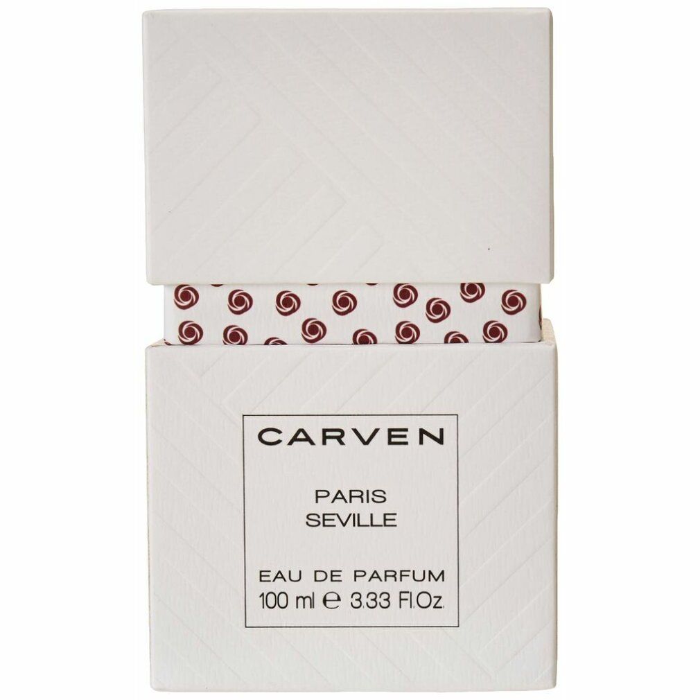 Confezione bianca con logo CARVEN e nome prodotto PARIS SEVILLE. 100 ml e 3.33 Fl.oz.