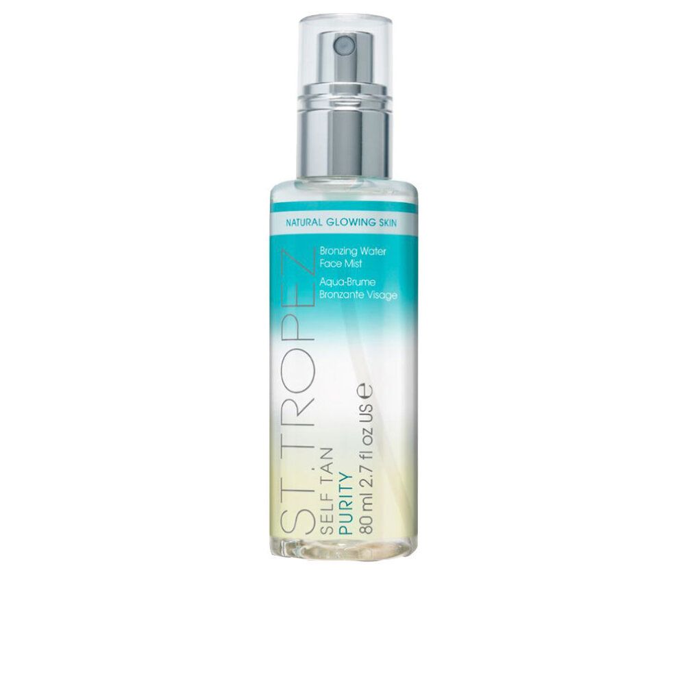 Flacone trasparente con vaporizzatore. Scritta: St. Tropez Self Tan Purity. Nome del prodotto e volume.