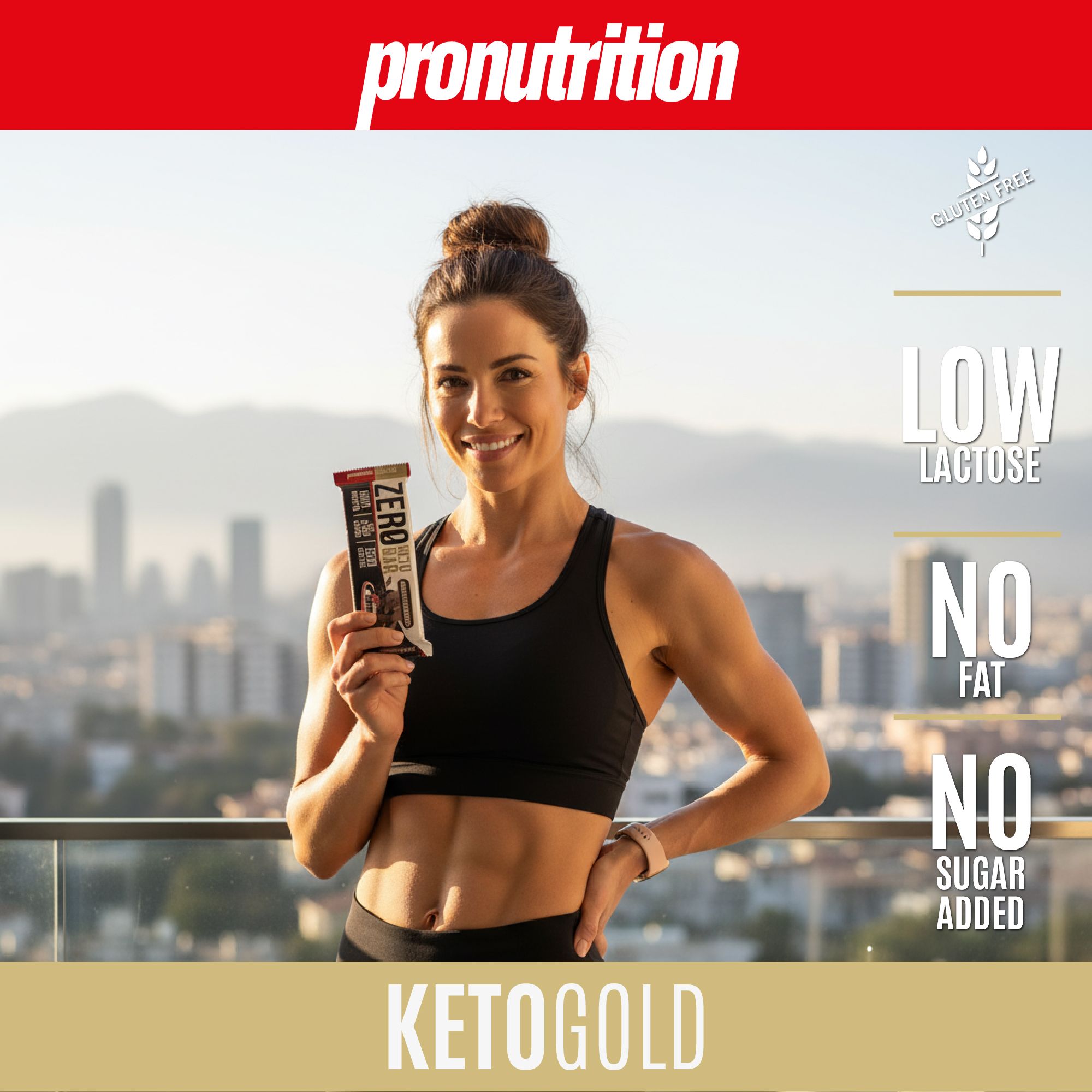 Donna tiene una Keto Bar. Testo: Senza glutine, a basso contenuto di lattosio, senza grassi, senza zuccheri aggiunti, Keto Gold.