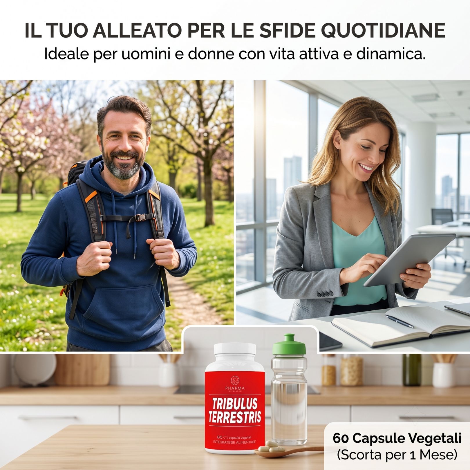 Uomo e donna in ambienti attivi. Flacone di Tribulus Terrestris con 60 capsule vegetali.
