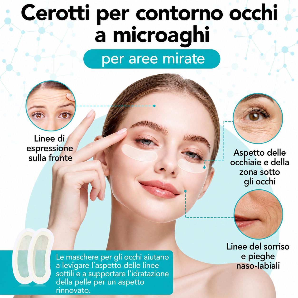 Cerotti occhi sul viso di una donna. Aree evidenziate: rughe fronte, occhiaie, pieghe naso-labiali. Prodotto in basso.