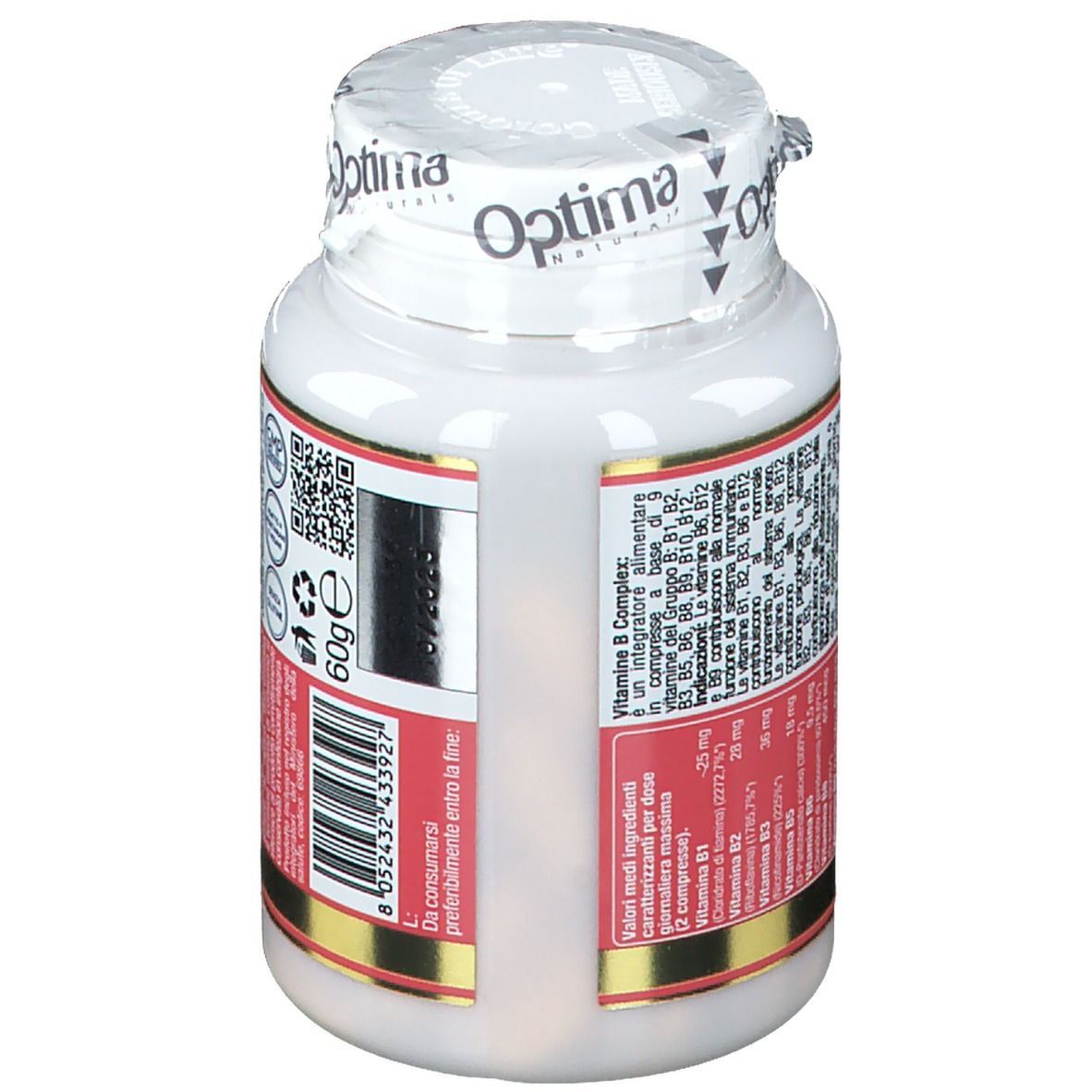 Flacone bianco con etichetta rossa. Scritta: Vitamina B Komplex. 60g. Marchio: Colours of Life.