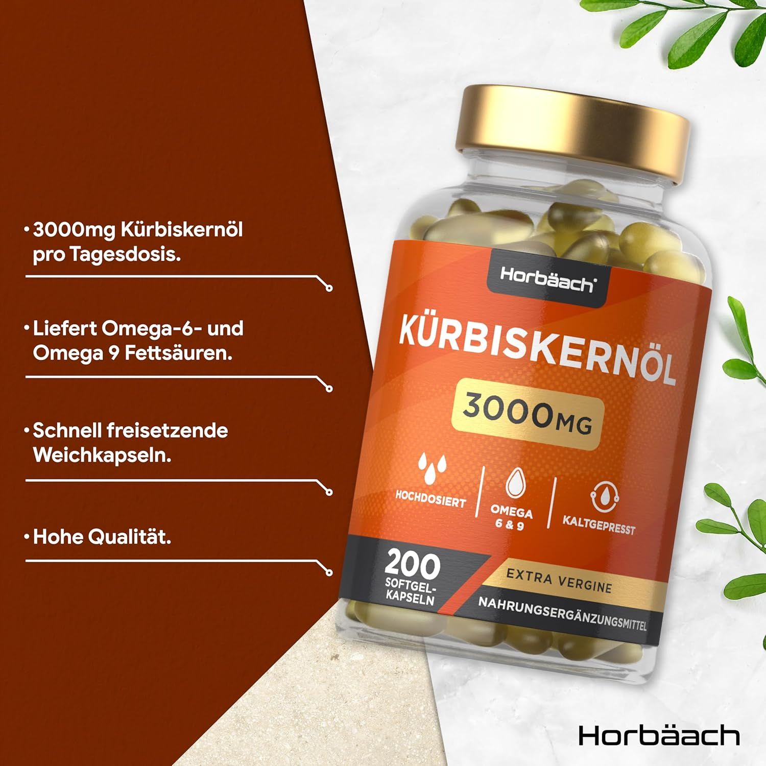 Flacone di capsule di olio di semi di zucca Horbaach. Etichetta arancione con informazioni. 200 capsule, 3000mg.