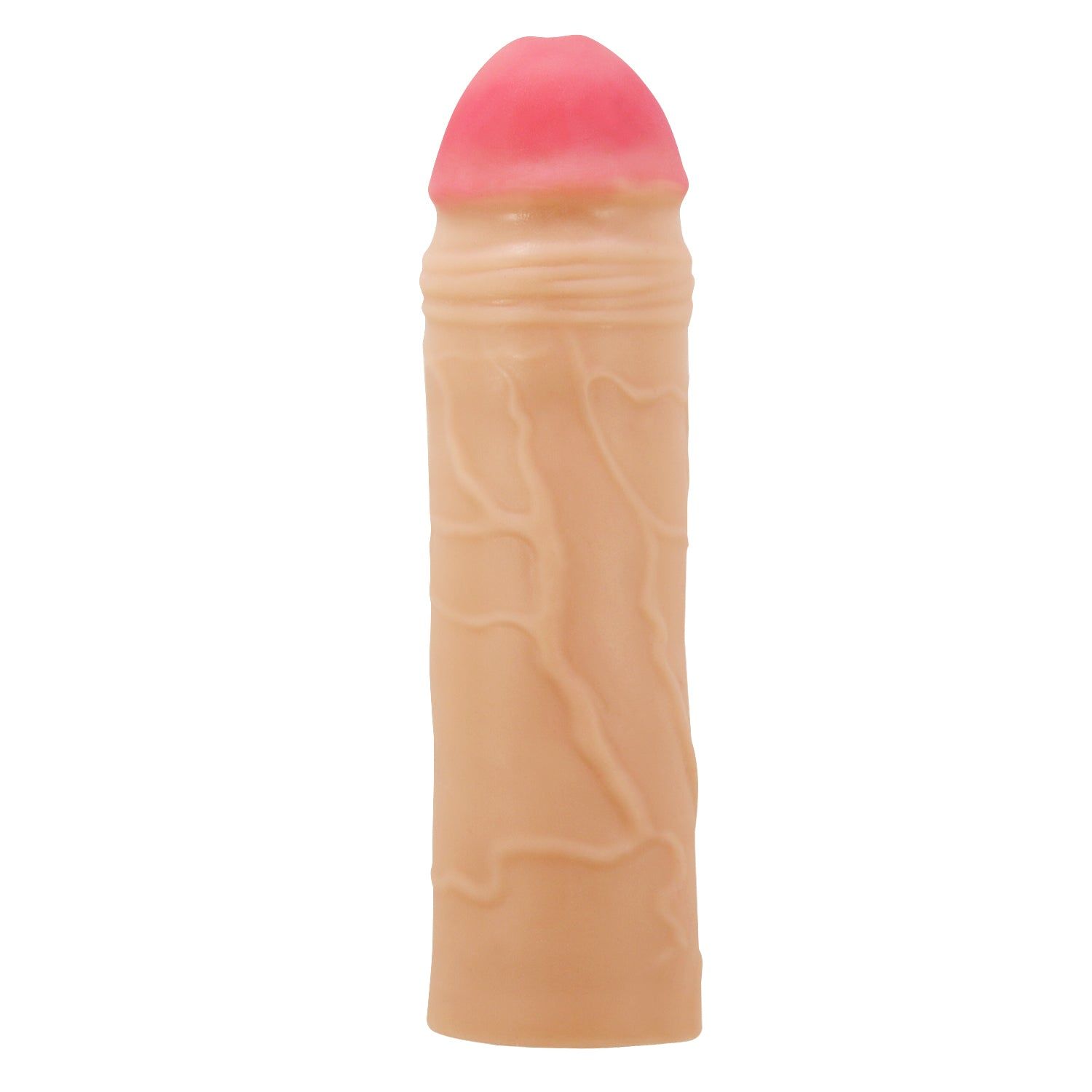 Pene beige con punta rosa. Superficie strutturata con venature. Posizione verticale.