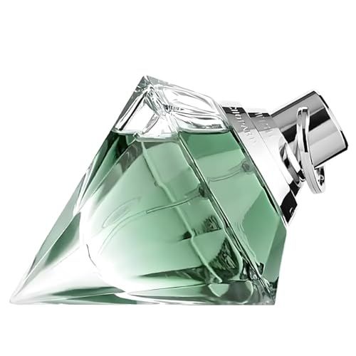 Flacone di profumo a forma di diamante. Liquido verde chiaro. Chiusura argentata. Scritta sul tappo.