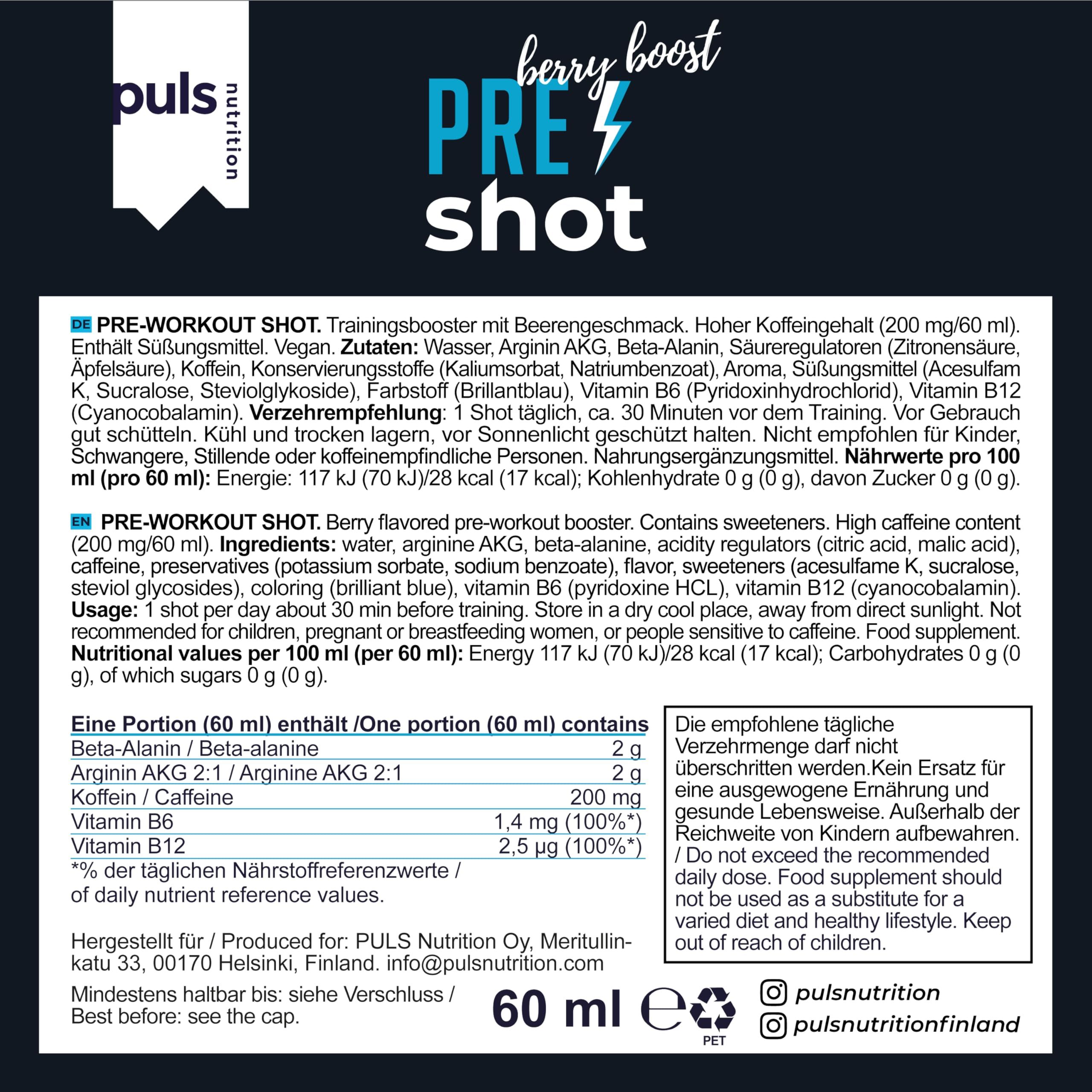 Confezione da 60 ml di shot pre-allenamento, gusto bacche, informazioni nutrizionali.