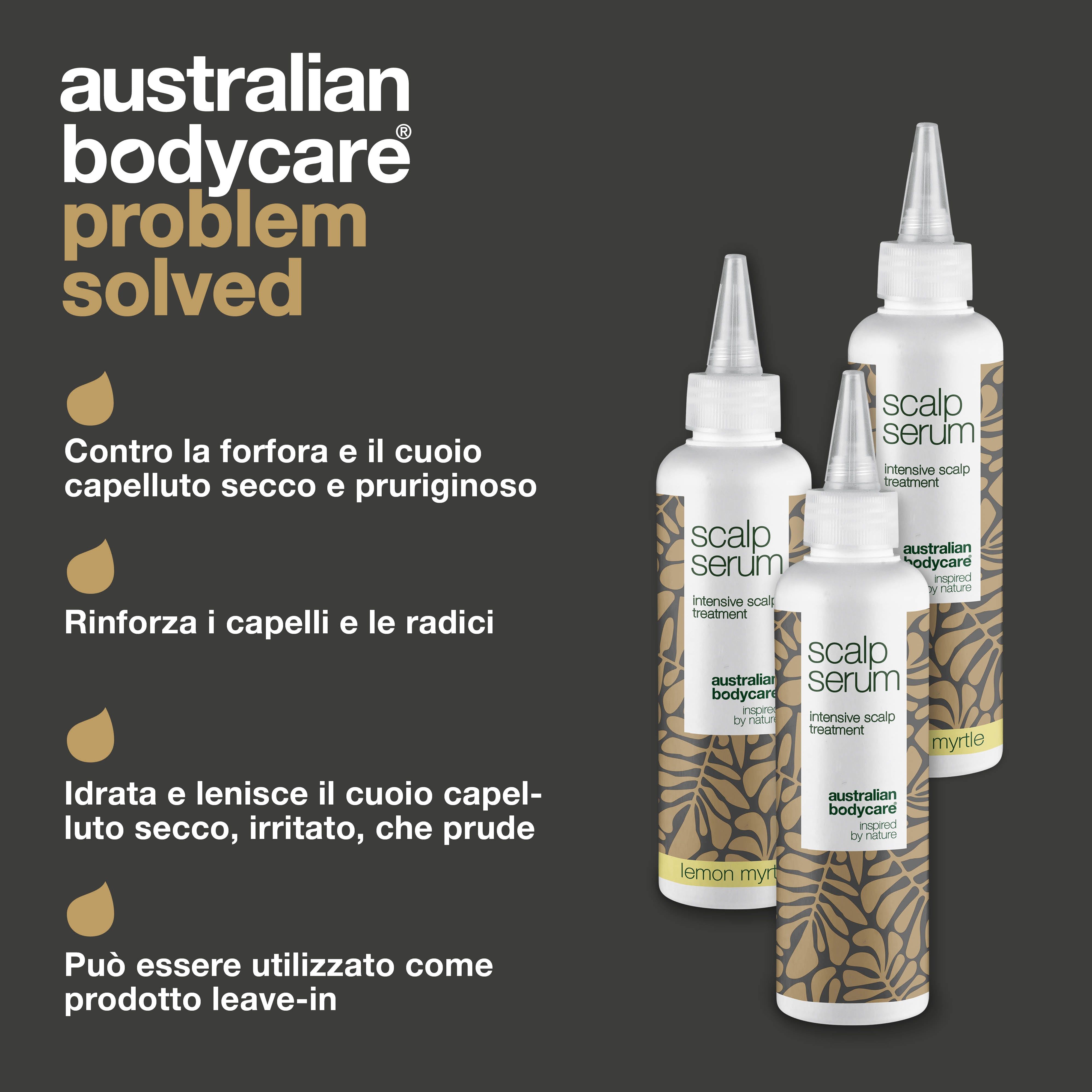 Tre flaconi Scalp Serum. Testo: Contro la forfora, il cuoio capelluto secco e pruriginoso. Rinforza i capelli e le radici.