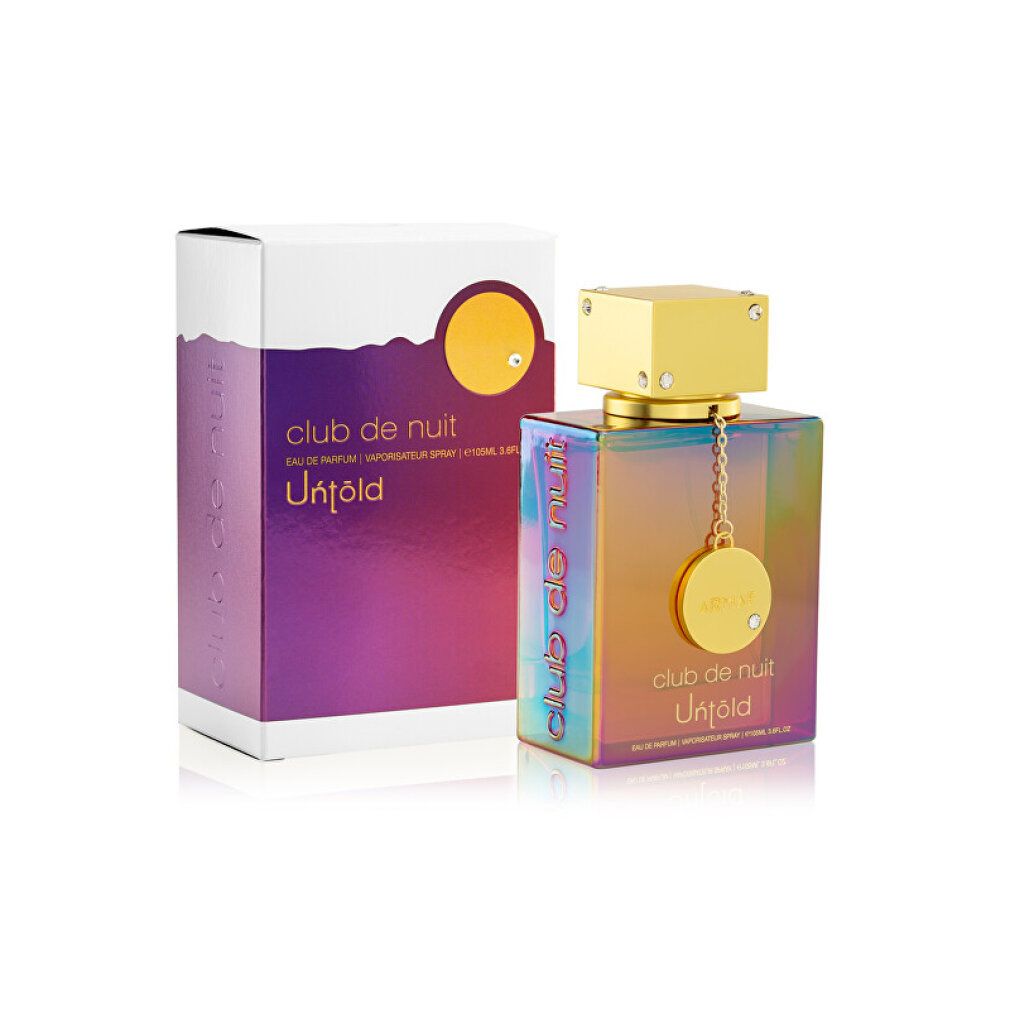 Flacone di profumo e confezione. Flacone con tappo dorato. Confezione con nome del prodotto e logo.