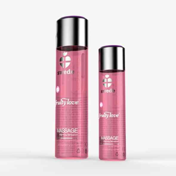 Due flaconi rosa con tappi argentati. Scritte: Swede, Fruity Love, Massage.
