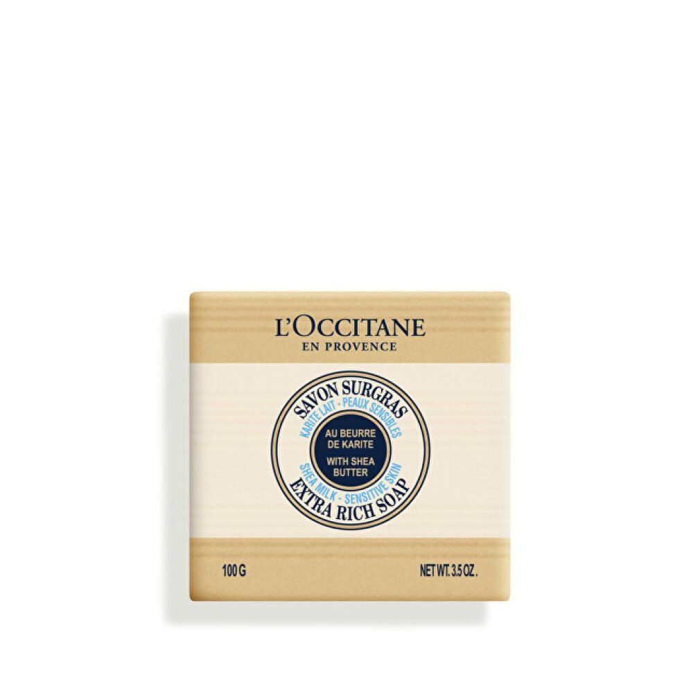 Sapone confezionato. Scritte: L'OCCITANE EN PROVENCE, SAVON SURGRAS, 100 g, Burro di Karité.