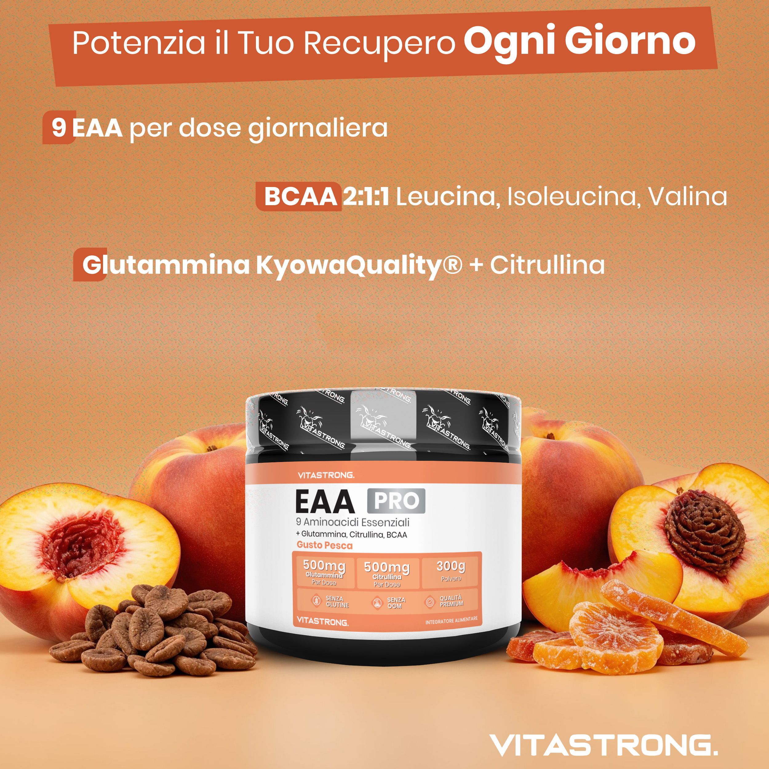 Vitastrong EAA Pro, barattolo. 9 aminoacidi, BCAA, glutammina. Gusto pesca. Pesche e chicchi di caffè.