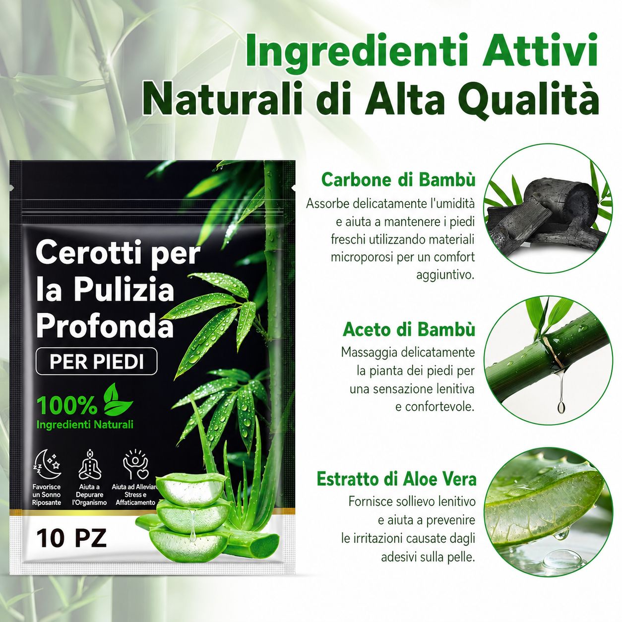 Confezione nera con testo: Cerotti per la Pulizia Profonda PER PIEDI. Ingredienti naturali al 100%. Carbone di bambù, aceto di bambù, Aloe Vera.