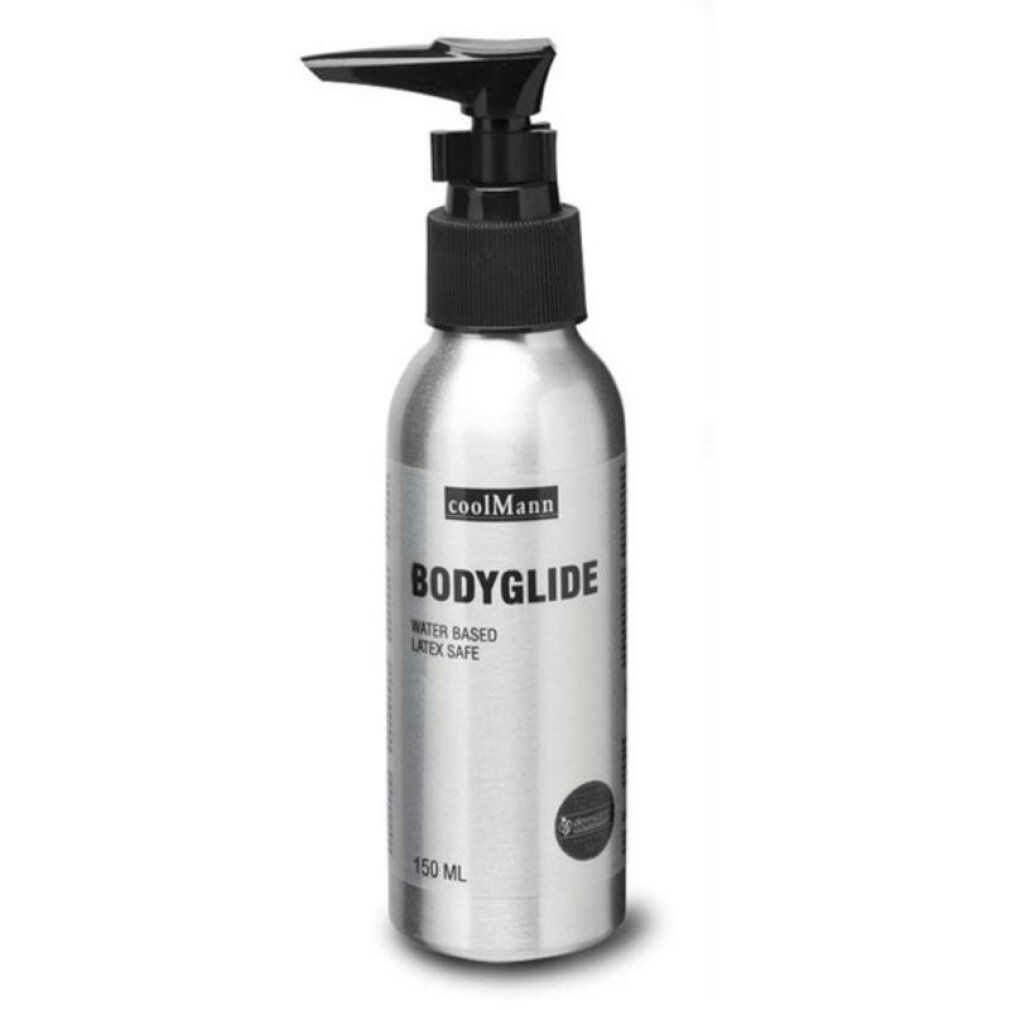 Flacone argento con erogatore nero. Scritta: Coolmann Bodyglide, a base d'acqua, senza lattice. 150 ml.