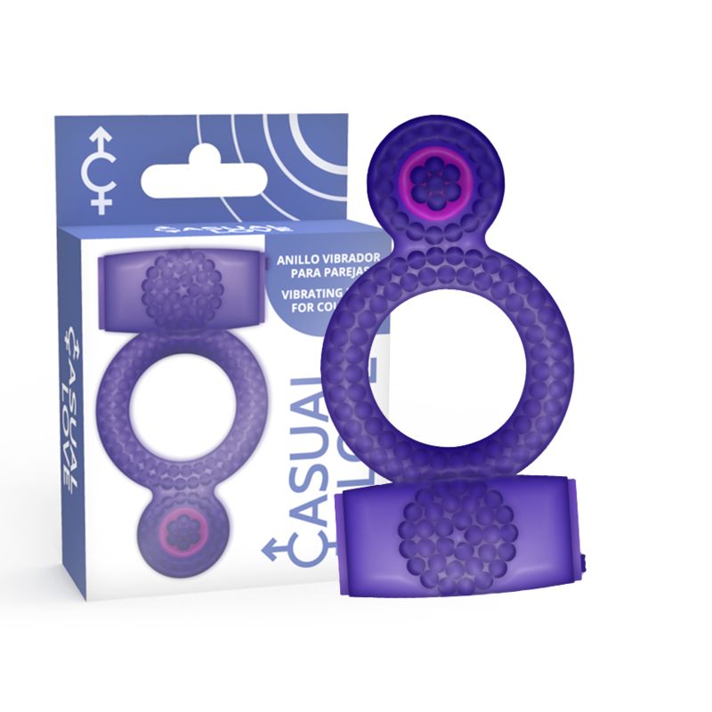 Anello vibrante viola. Confezione con nome prodotto "Casual Love". Anello e confezione visibili.