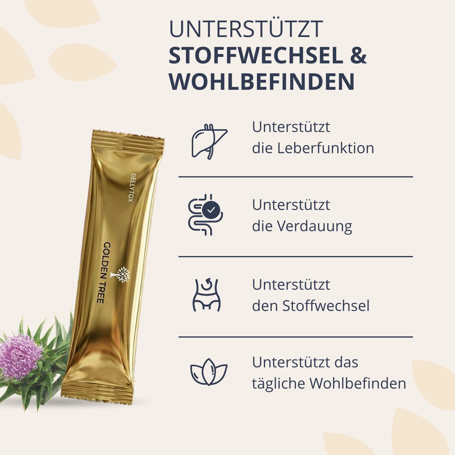 Bustina dorata Golden Tree BellyTox con simboli per fegato, intestino, metabolismo e benessere.