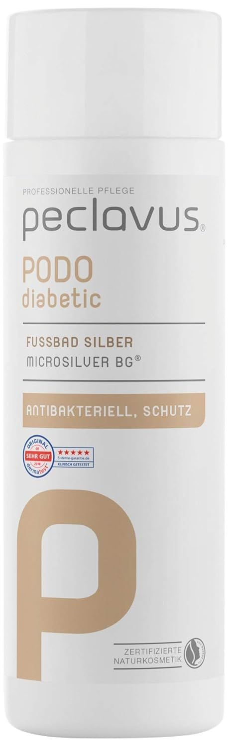 Flacone bianco con nome e logo del prodotto. Testo: PODO diabetic, Fussbad Silber, Antibatterico. Sigillo: Molto buono.