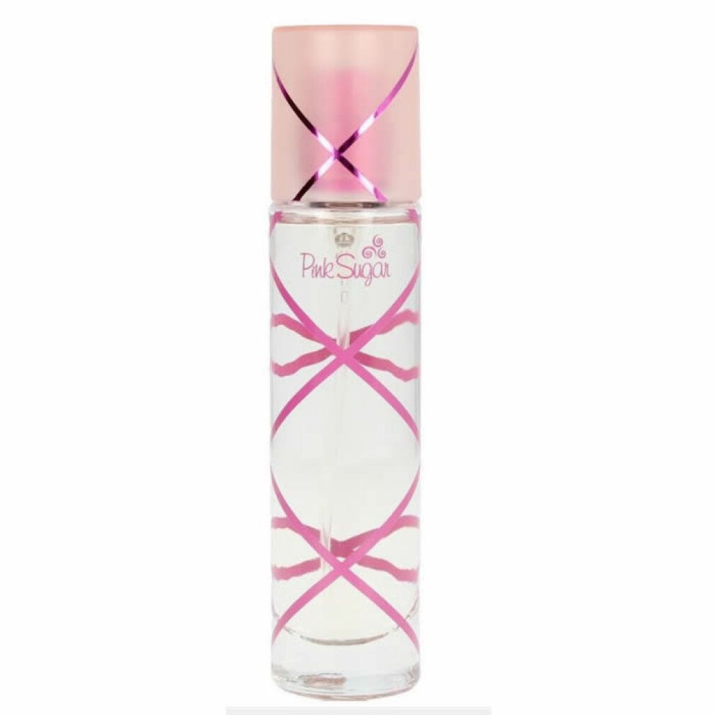 Flacone cilindrico. Strisce rosa. Scritta: Pink Sugar. Tappo rosa.
