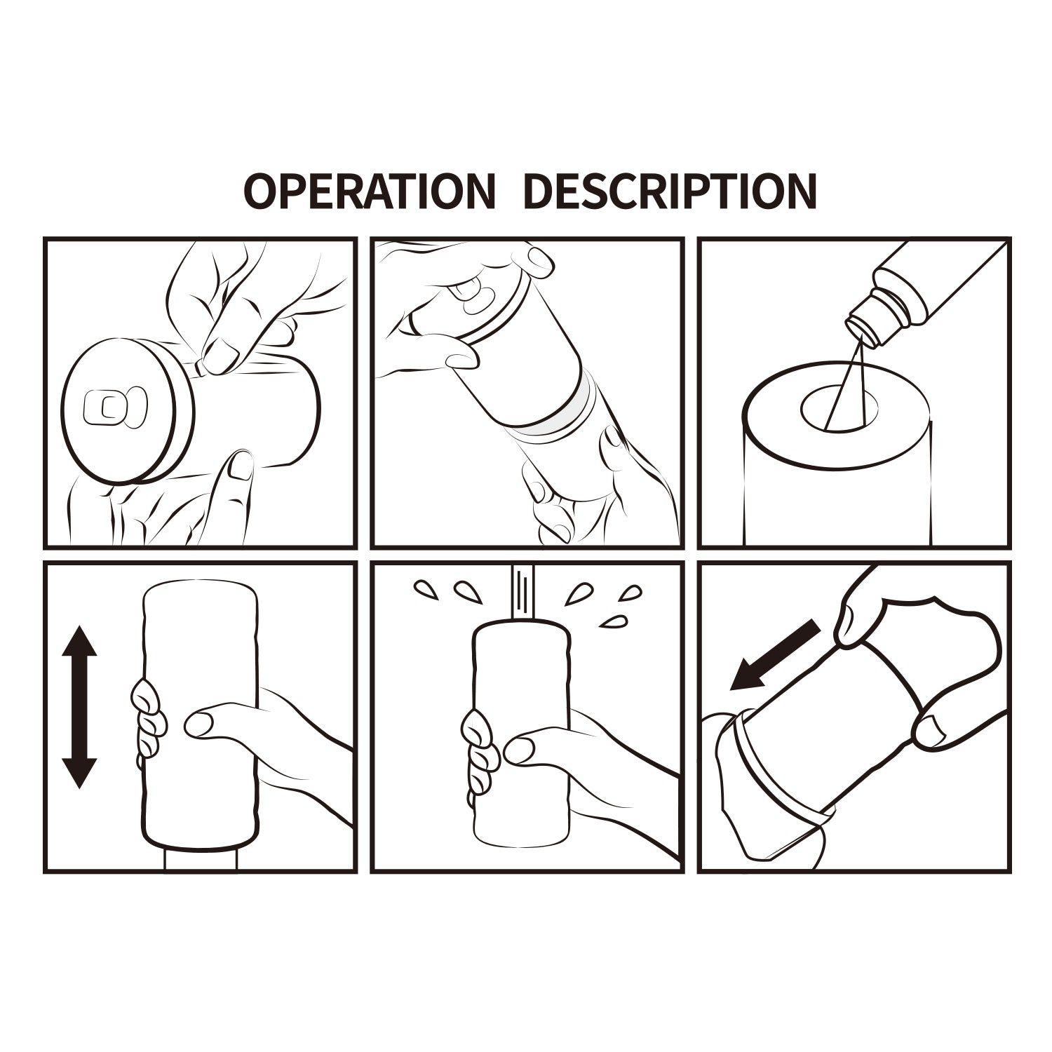 Sei illustrazioni mostrano l'applicazione del prodotto. Mani interagiscono con la lattina e il prodotto.
