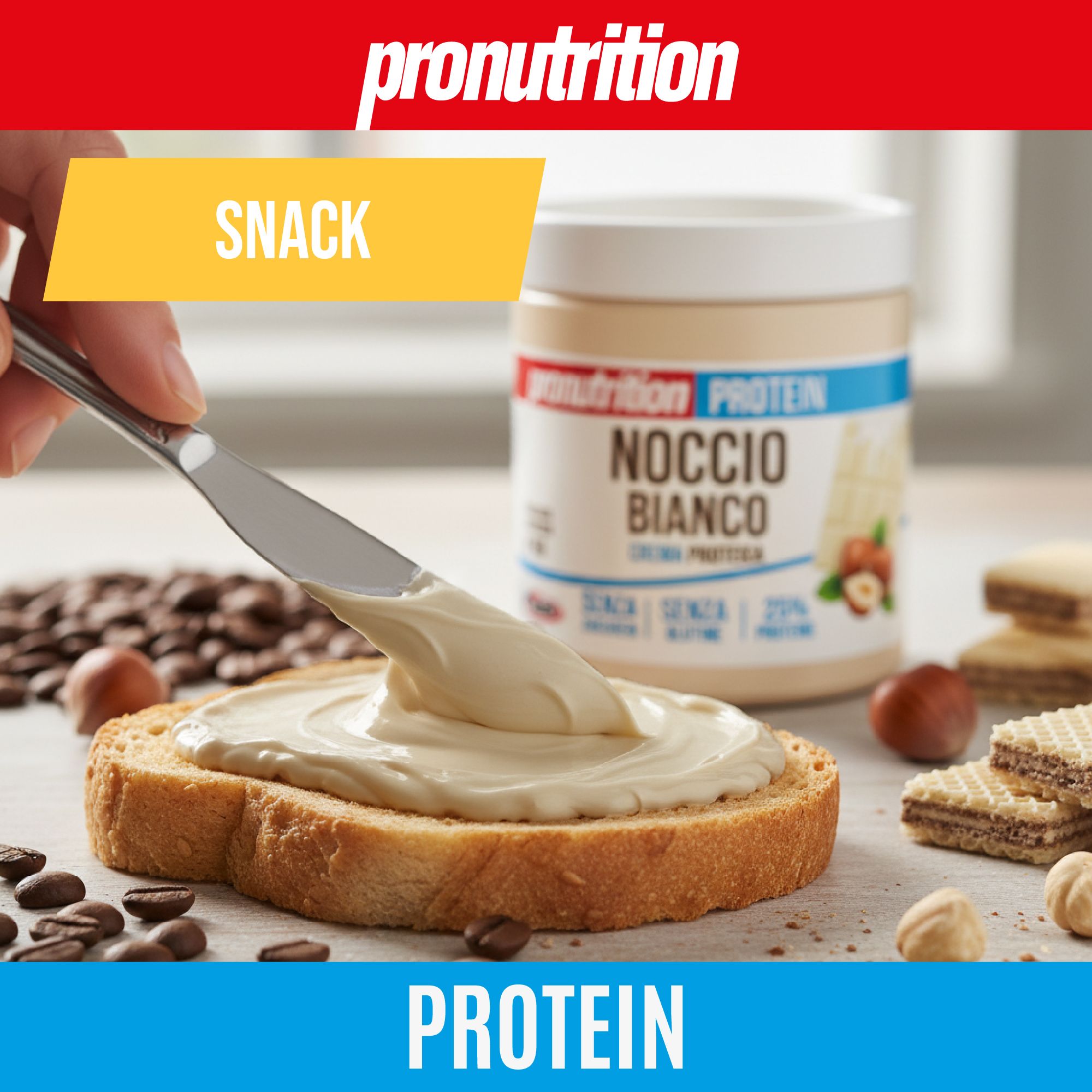 Vaso di crema proteica Pronutrition Noccio Bianco, 25% proteine. Crema spalmata sul pane. Scritta: Snack.