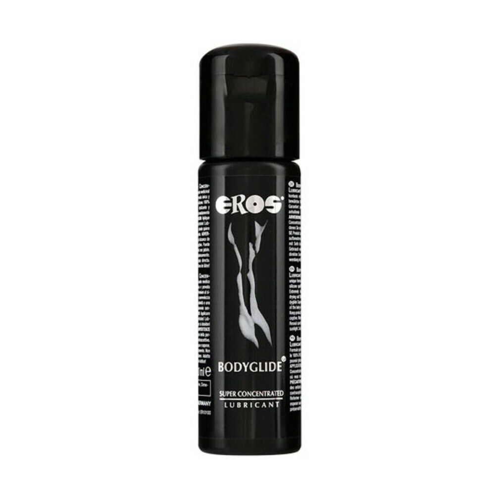 Flacone nero con tappo nero. Scritta EROS, BODYGLIDE, SUPER CONCENTRATED LUBRICANT. Grafica bianca.