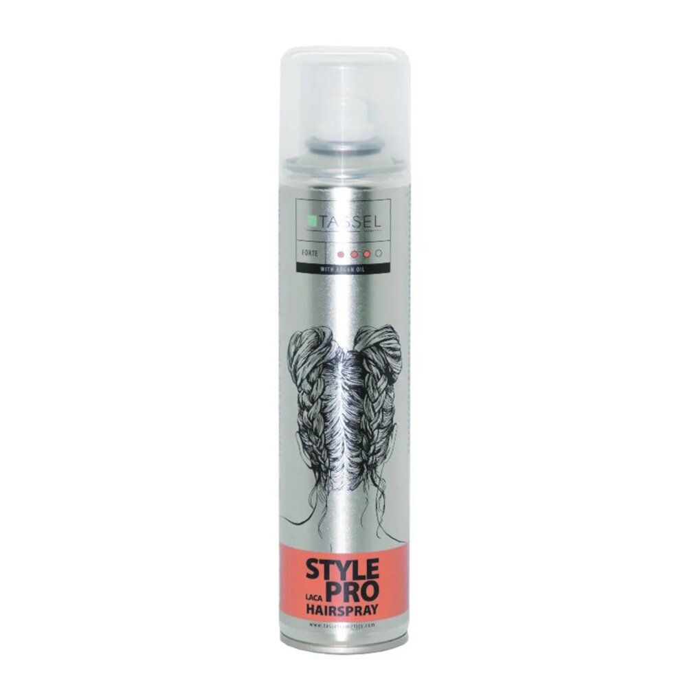 Bomboletta spray per capelli con erogatore. Barattolo argentato con design a treccia nera e fascia rossa con testo.