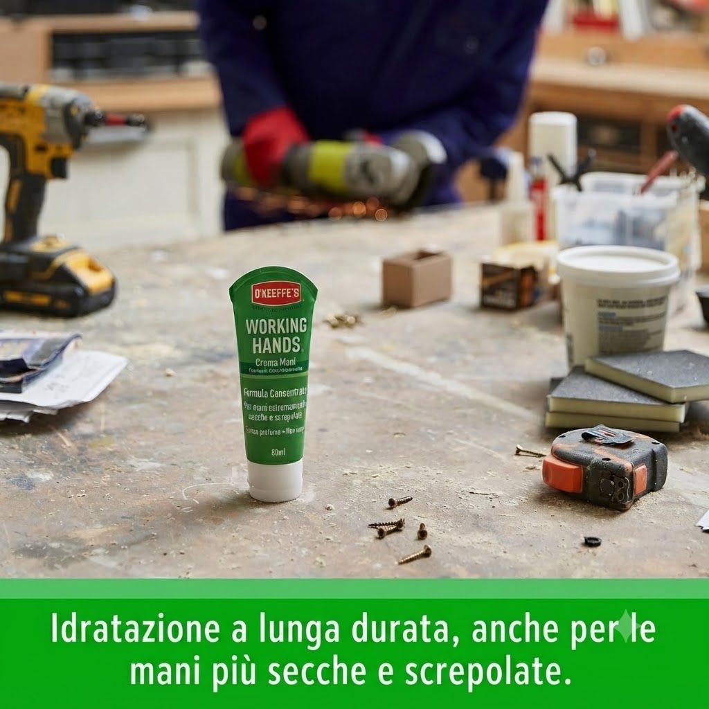O'Keeffe's Working Hands Crema mani su un banco da lavoro con attrezzi. Idratazione a lunga durata.