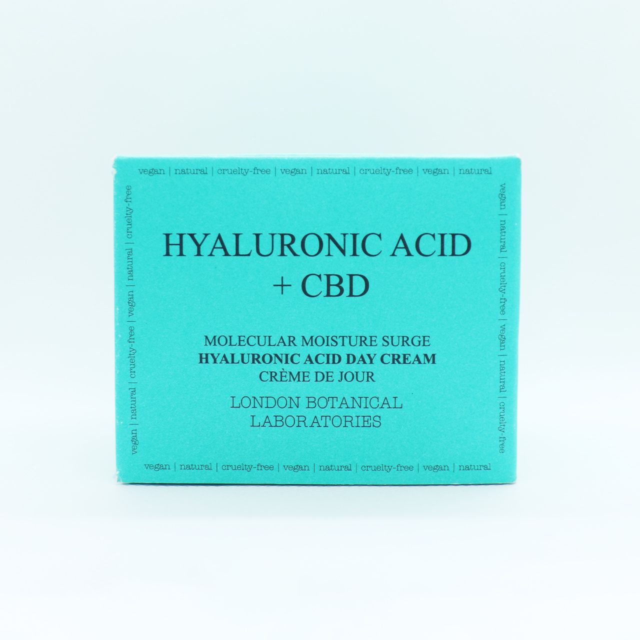 Scatola turchese con scritta Hyaluronic Acid + CBD. Testo: Molecular Moisture Surge Hyaluronic Acid Day Cream Crème de Jour. London Botanical Laboratories.