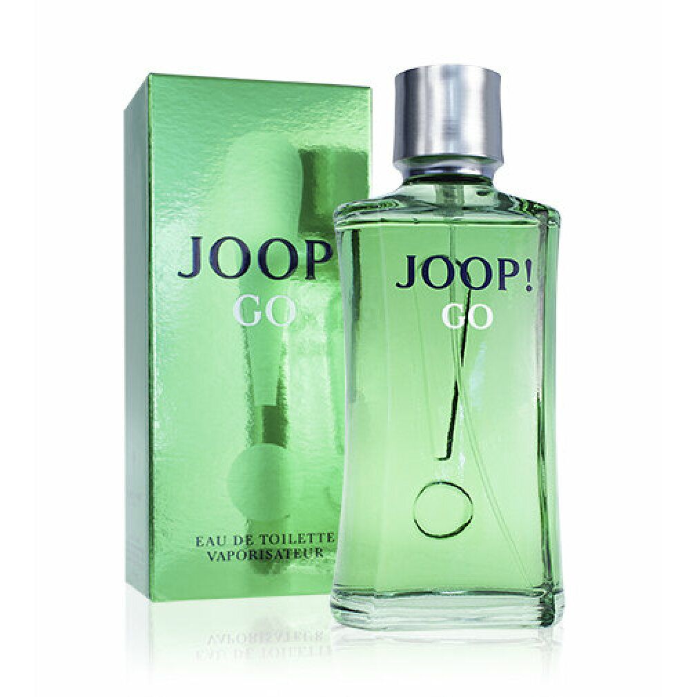 Flacone di profumo verde con tappo argentato e confezione verde. Logo JOOP! GO su flacone e confezione.